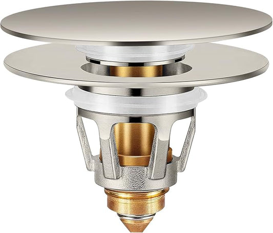 Universal Bathroom Sink Stopper with Hair Catcher, for 1.04-1.97 Inch Drain Hole, Spring Core Bathtub Drain Cover, Pop Up Sink Plug Basin Drain Strainer, Large Lid Brushed Nickel