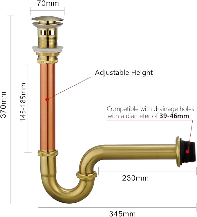 Thickened Brass P Trap Set: 1-1/4 P Trap with Bathroom Sink Stopper - Sink Drain Plumbing Kit for Pipe Replacement (Brushed Gold, with Overflow)