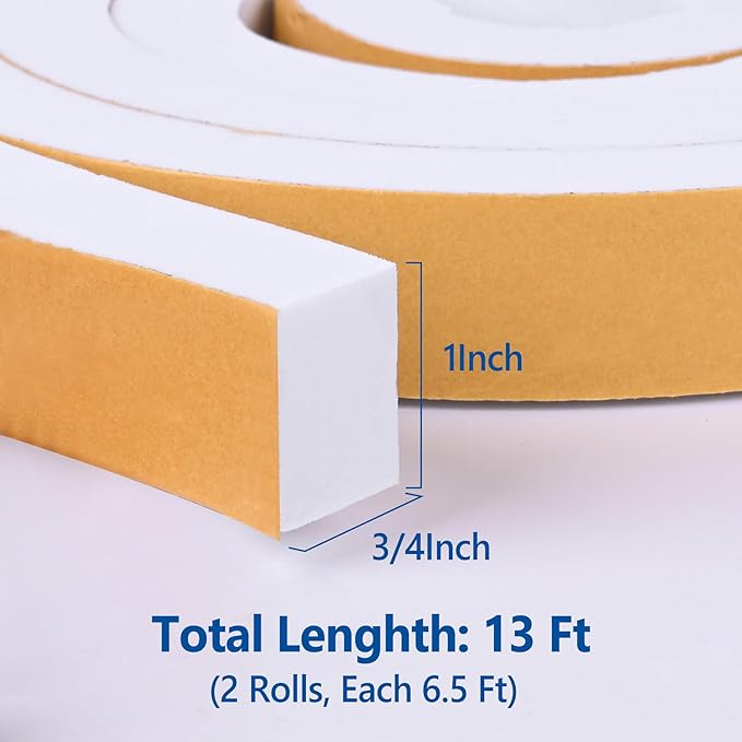 Self-Adhesive High Density Foam Insulation Tape - 1in x 3/4in x 13Ft Weatherstrip with Strong Adhesive for Door and Window Soundproofing