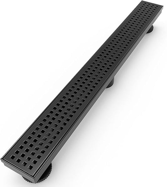 WEBANG 60 Inch Linear Shower Drain Rectangular Floor Drain with Accessories Square Hole Pattern Cover Grate Removable SUS304 Stainless Steel CUPC Certified Matte Black