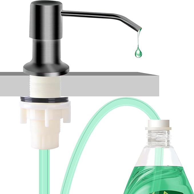 Soap Dispenser for Kitchen Sink, Brushed Nickel Countertop Dispenser with 39" Tube Kit, Use Large Bottles & No More Refills (Black)