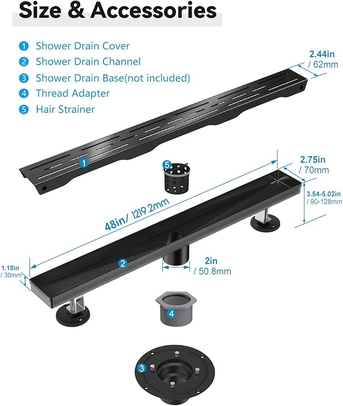 Shower Drain Stainless Steel for Bathroom: Black Linear Shower Drain 48 Inch with Removable Brick Pattern Grate - Adjustable Rectangular Shower Floor Drain with Hair Strainer (Matte Black)