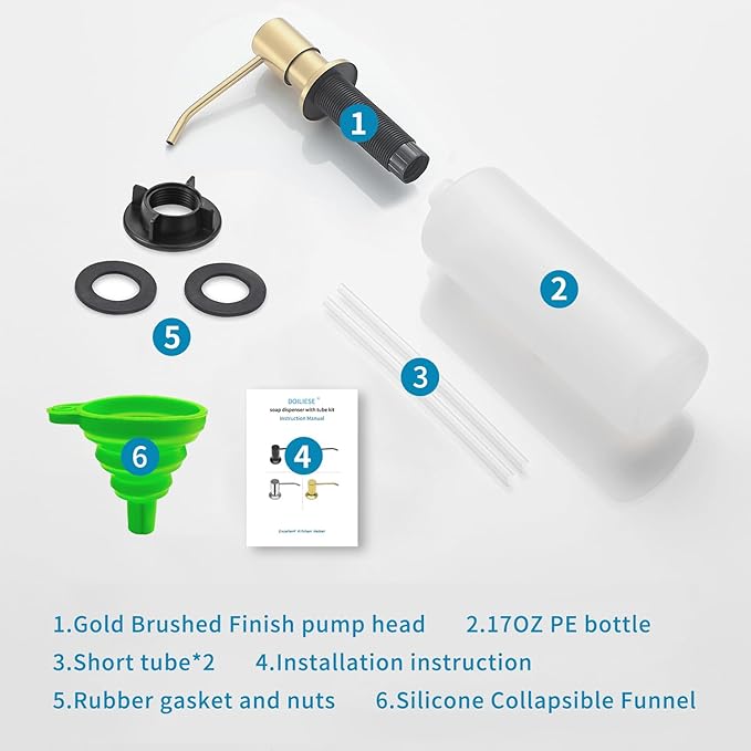 Built in Soap Dispenser for Kitchen Sink, Gold Brushed Stainless Steel Countertop Pump Head, Dish Soap Hand Lotion Dispenser with Refillable 17OZ Bottle