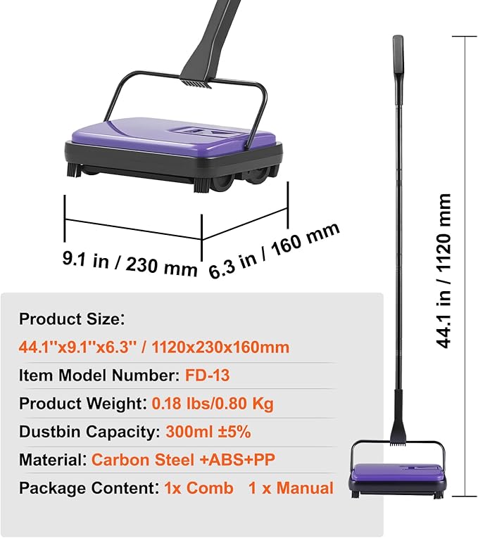VEVOR Carpet Sweeper Manual, Floor Sweeper with 300 ml Dustbin Capacity Easy to Empty, 6.7 inch Cleaning Width for Home Office Carpets Pet Hair Dust, Purple