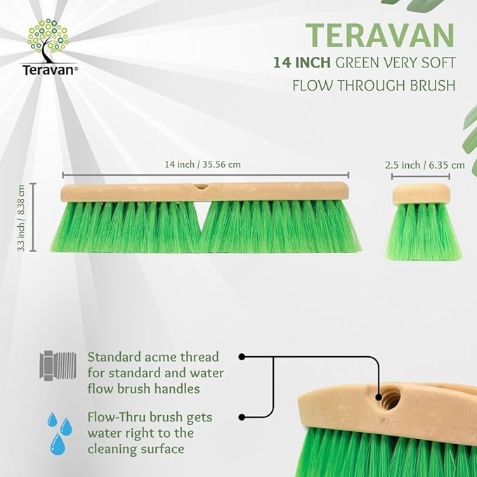 Teravan Green Flow Through Brush Head, 14-Inch Extra Soft Bristle Brush for Gentle Car Wash, RV, Boat, Window & Floor Cleaning, Compatible with Pole Handle
