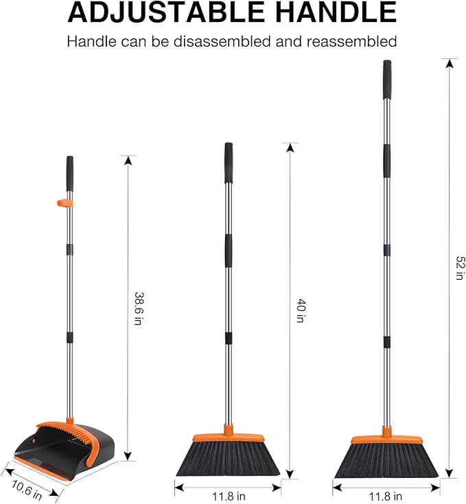 NACENA Broom and Dustpan Set, 52-in Long Adjustable Handle Broom Dustpan Combo with Dustpan Teeth to Automatically Clean Hair Suitable for Home Kitchen Office Hall Floor（Black&Orange）