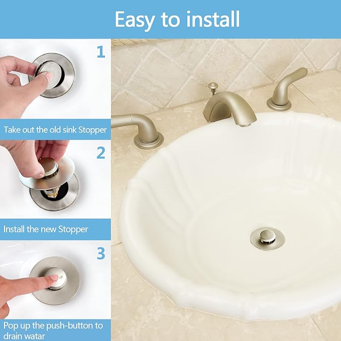 Bathroom Sink Stoppers Brushed Nickel – Pop Up Drain Stopper & Strainer, 2-in-1 Universal Sink Stopper for 1.1" to 1.5" Bathroom Sink Drain Pipes, Brushed Nickel Finish