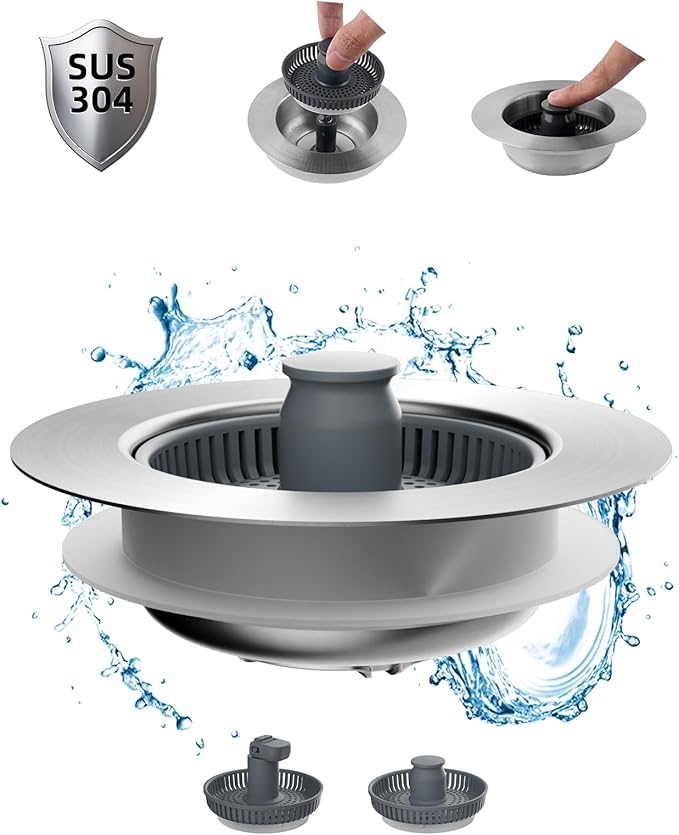 Hibbent Upgraded 3 in 1 Kitchen Sink Drain Strainer and Stopper Combo, Stainless Steel Metal Pop Up Sink Stopper, 3 Anti-Clogging Basket Strainer with Handle for US Standard 3-1/2 Inch Drain