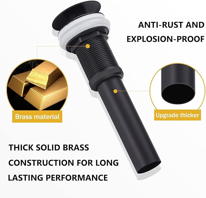 Bathroom Sink Drain Without Overflow - 1 3/4" Drain Opening - Pop Up Drain for Vessel Sink,Matte Black,Y1618W-BLK
