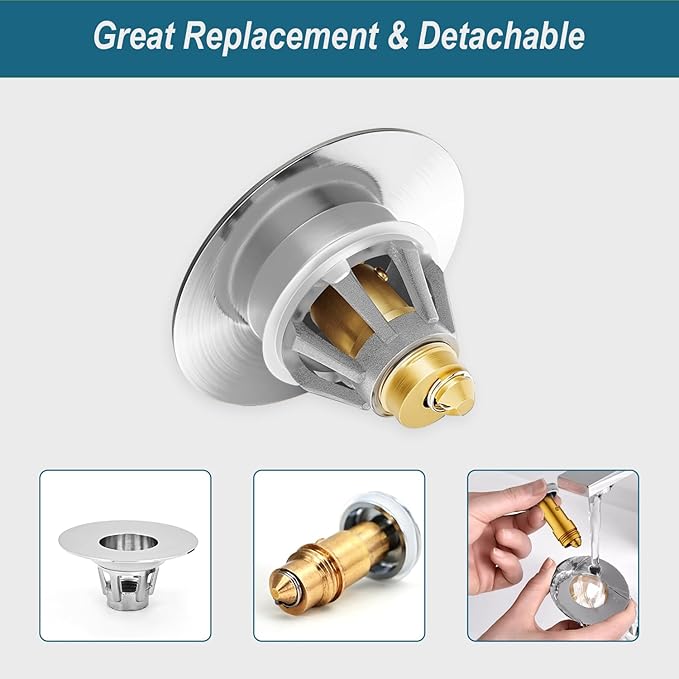 Universal Bathroom Sink Stopper - Upgraded Pop Up Sink Drain Strainer, Fits 1.1-1.5 Inch U.S. Standard Drain Holes - Anti-Clogging Filter with Sink Hair Catcher - Pure Brass Sink Drain Stopper