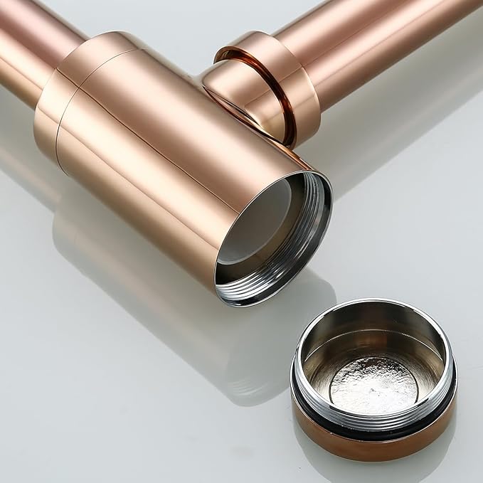RANDOM Brass Contemporary Round Bottle P Trap 1-1/4,Bathroom Lavatory Adjustable Basin Sink Waste Drain P-Trap Kit Rose Gold Sink Trap.83888RG