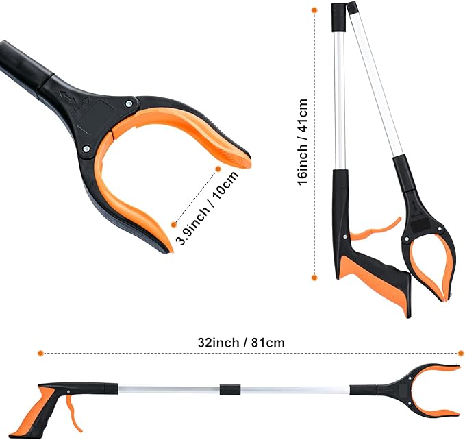 Grabber Reacher Tool,32 Inch Extra Long Foldable Pick Up Stick with Strong Grip Magnetic,360°Rotating Anti-Slip Jaw,Trash Claw Grabber Tool,Trash Picker Tool for Outdoor & Indoor (Orange)