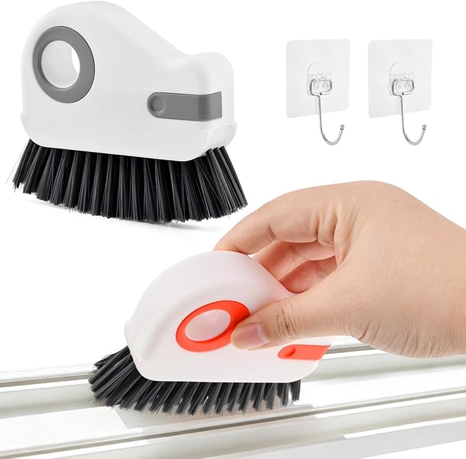 Groove Cleaning Brush 2 in 1 Grout Cleaner Tool Grip Brush, Multifunction Window Track Cleaner with Hard Bristle and Scraper Cleaning Brush for Sliding Door Track, Window(Color:White)