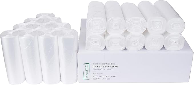 TYPLASTICS Trash Can Liners - Wholesale 1000 Count High Density Garbage Bags on Perforated Roll 10-15 Gallon 24" x 33"