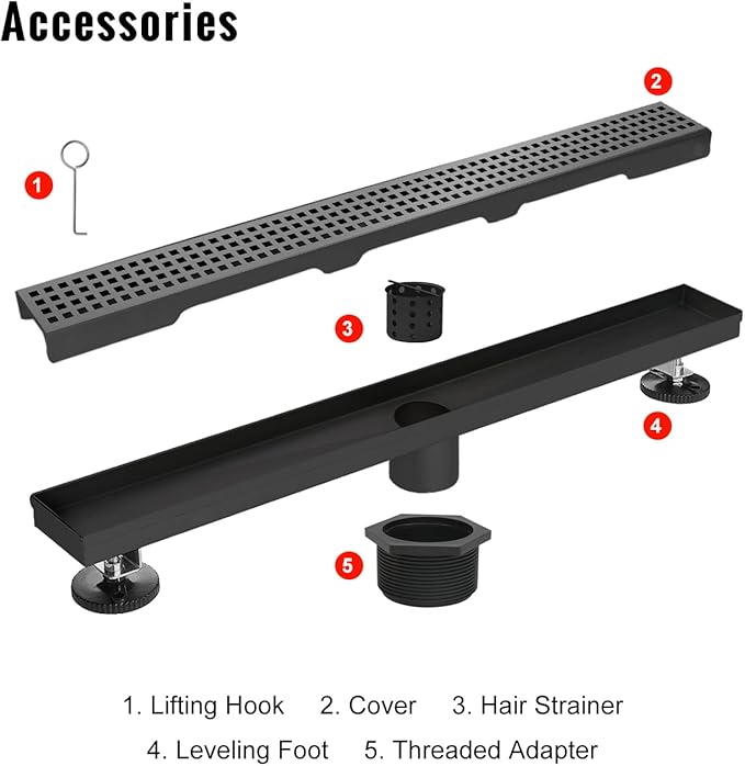 SaniteModar Linear Shower Drain, Matte Black Shower Drain 60 inch with Removable Grate,Brushed 304 Stainless Steel Shower Drain Include Hair Strainer,Adjustable Leveling Feet
