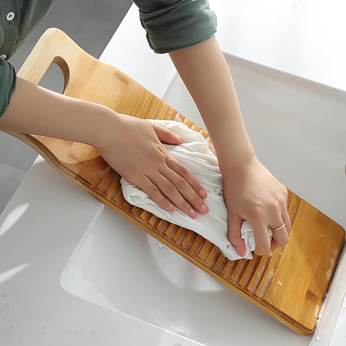 Cabilock Bamboo Washboard for Hand Washing Clothes, 15.7 Inch Wood Laundry Scrub Board, Anti-Slip Lavadero Tabla de Lavar Ropa a Mano, Portable Washer for Sink Travel, Vintage Instrument