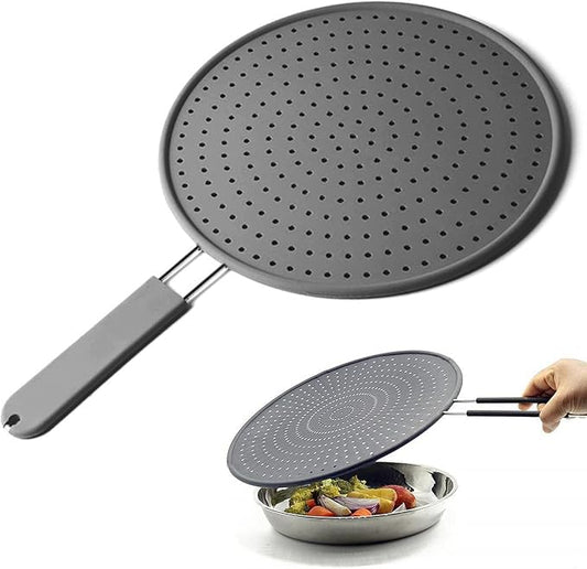 Silicone Splatter Screen Pan Cover 11", Heat Insulation Cooling Mat, Strainer, Drain Board, Oil Splash Guard for Frying Pan, Non-Stick, Heat Resistant Universal Pan Cover