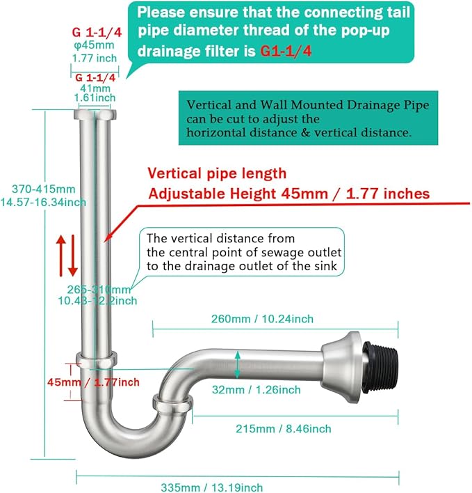 Brass P Trap U-Shape 1 1/4 inch Sink Drain Pipe with Slip Joint Extension Tub,12 inch Vertical Pipe length Adjustable Height Sink Waste Trap Drain Kit,Brushed Nickel,SE83555BN-L