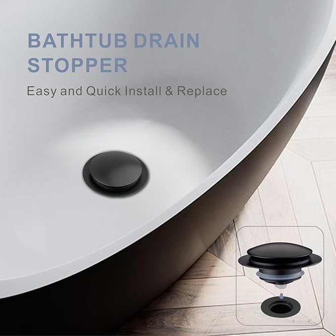 Matte Black Tub Drain Stopper, Hidrop Pop Up Universal Tub Dain Tip Toe Bathtub Drain Stopper, Fit 1.375 to 1.5 Inches, Replaces Lift and Turn, Tip-Toe and Trip Lever Drains for Tub, EZ Installation