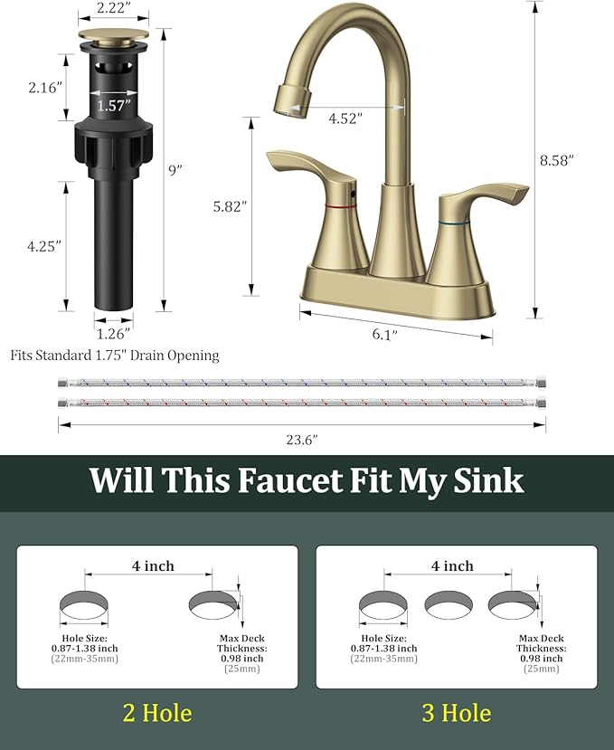 Brushed Gold Bathroom Faucet 2 or 3 Hole, 4 Inch Stainless Steel Bathroom Sink Faucet, 2 Handle Centerset Faucet for Bathroom Sink Vanity, with Pop Up Drain and 2 Supply Hoses