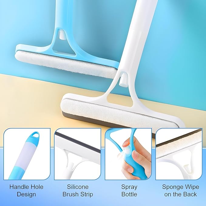 Shower Squeegee for Glass Doors, 3 in 1 Squeegee for Shower Glass with Spray, Scrubber and Shower Squeegee for Glass Doors, Mirrors, Car and Home, All-Purpose Window Cleaner Tool (White)