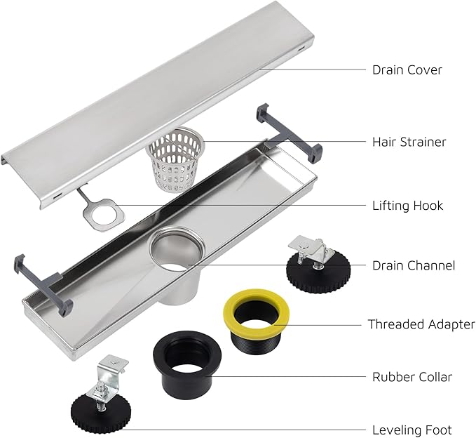 12 Inch Linear Shower Drain Brushed Nickel, Rectangular Reversible 2 in 1 Tile Insert Grate, 304 Stainless Steel Shower Floor Drain Kit, Hair Catcher, Leveling Feet