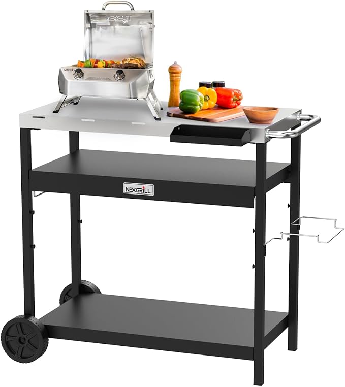 Nexgrill Large Stainless Steel Grill Table with Double Shelf for Griddle, 46" L x 24" W x 40" H, 648 Sq. in., Portable Grill Cart with Side Handle, Paper Towel, and Trash Bag Holder - 880-0016D