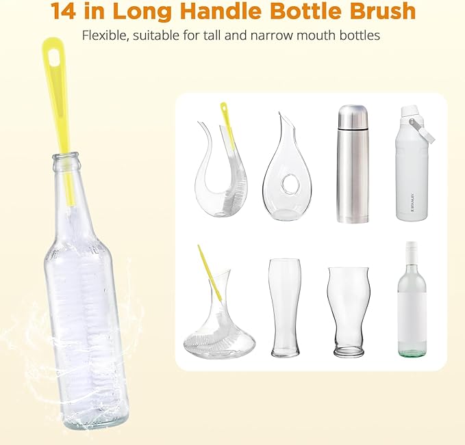 OUTXE 6 Pack Bottle Brush Set, 5-in-1 Water Bottle Cleaner Brush, 14" Long Handle Bottle Cleaning Brush, 3 Straw Brush, Removable Nipple Detail Brush for Cup Lid Gap, with Replecement Sponge