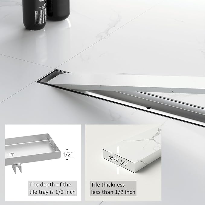 Sharpeye 32 Inch Linear Shower Drain with Tile Insert Grate, Brushed Nickel 304 Stainless Steel Rectangle Shower Floor Drain for Bathroom, CUPC Certified, with Hair Strainer, Leveling Feet