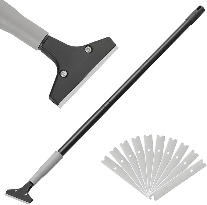 Heavy Duty 4-inch Razor Blade Floor Scraper, 50 Inch Long-Handle, Cleaning Glass Wall Scraper, with 10 Blades, Painting stripping tools, Tile, Floors, Walls