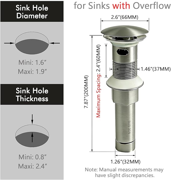 Bathroom Sink Drain, with Overflow, Pop up Sink Drain Stopper with Strainer Plug for Vessel Sink Lavatory Vanity, SUS 304 Stainless Steel, Brushed Nickel
