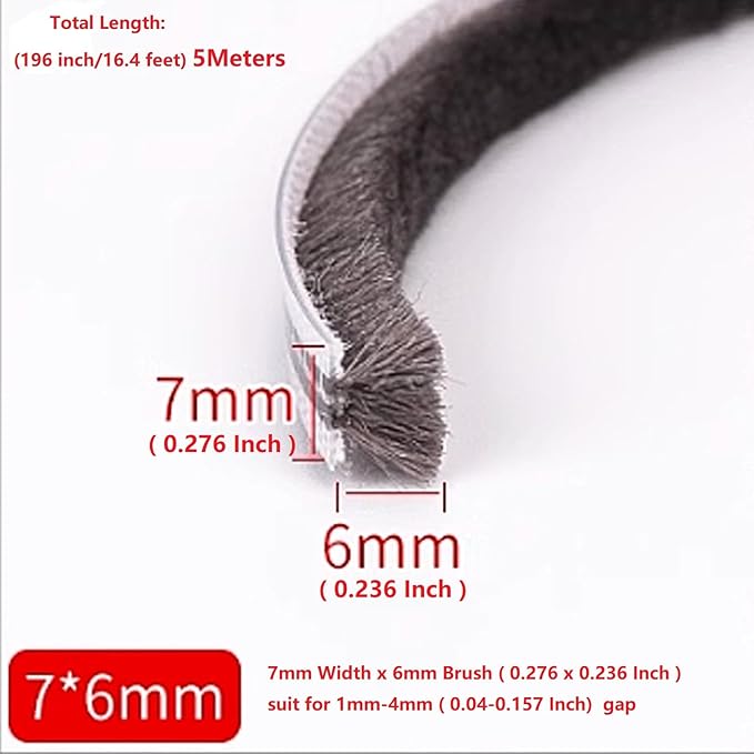 16 Ft (5m) 196 Inch Sliding sash Windows Doors Tape Pile Draught excluder Brush Seal Strip weatherstrip 7mm x 6mm (7/24 1/4 Inch, Gray)
