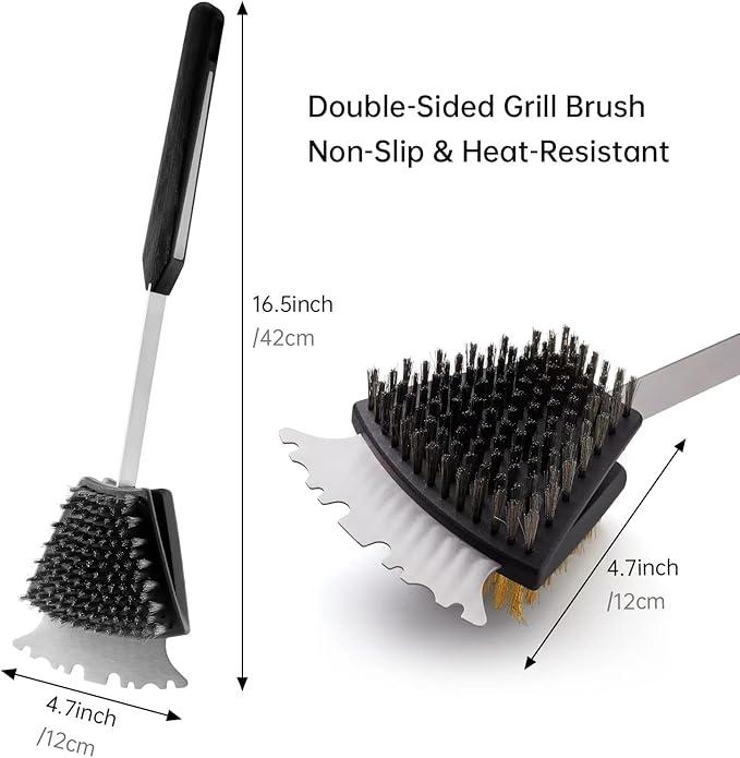 Double Sided Grill Cleaning Brush and Scraper, 16.5" BBQ Brush, Barbecue Cleaner with Stainless & Brass Bristles, Grilling Grate Cleaner, Safe Grill Accessories for Cast Iron/Stainless Steel Grate