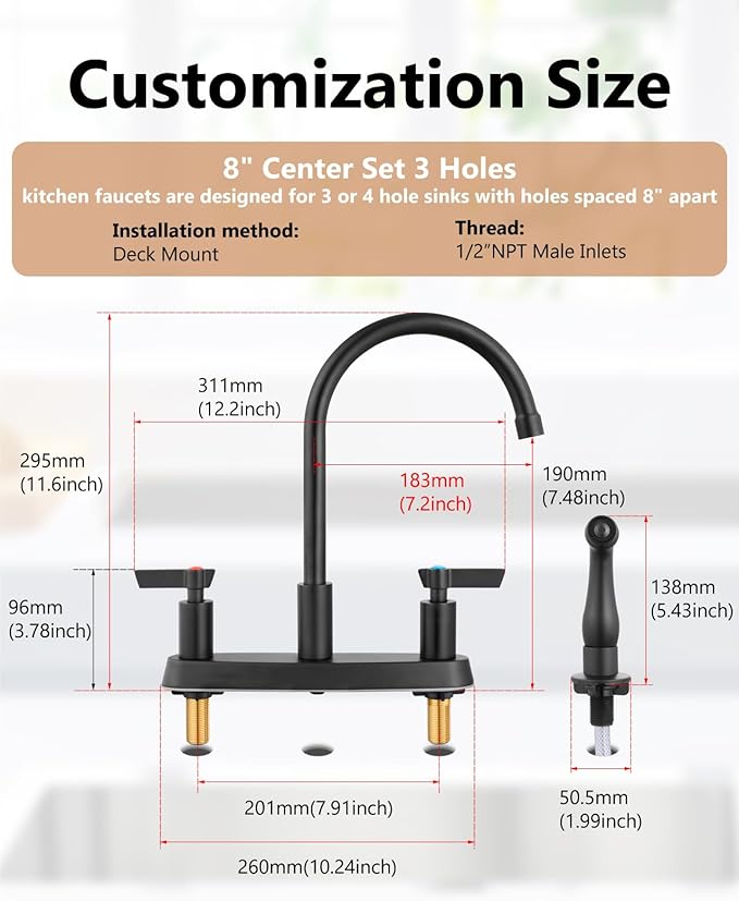 Kitchen Faucet with Sprayer 2 Handle Kitchen Sink Faucets 8 Inch Centerset 3 Hole with Supply Lines Matte Black
