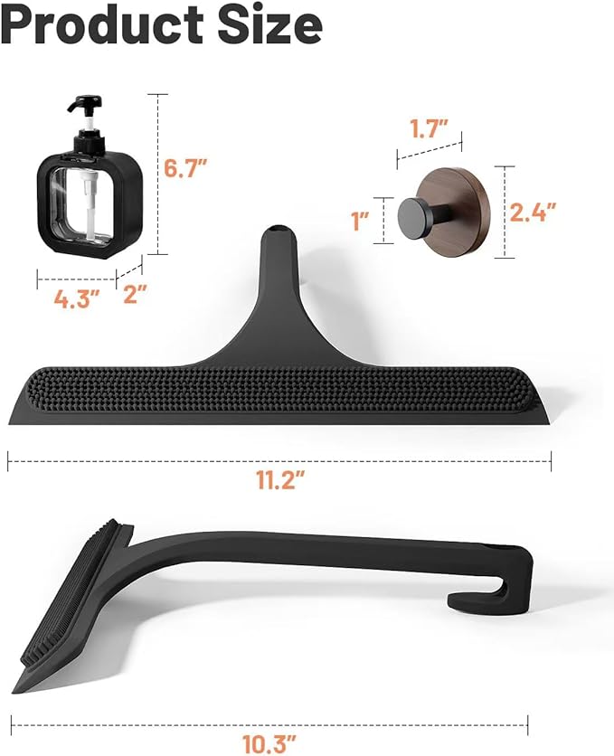 2-in-1 Silicone Shower Squeegee with Hook,Dual-Sided Design with Scraper & Scrub Surface,Streak-Free Bathroom Squeegee for Glass Doors,Mirrors,Windows,Car Windshields (Black Squeegee+Hook+Dispenser)