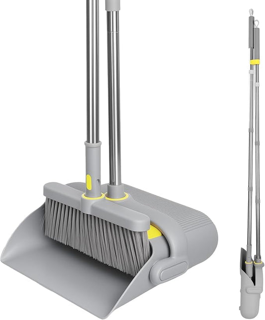 Upgrade Broom and Dustpan Set 180° Rotatable Head with 61" Extra Long Adjustable Handle Self-Cleaning Dustpan Teeth&Zero Gap Indoor Outdoor Sweeping for Home Kitchen Office Pet Hair-Gray&Yellow
