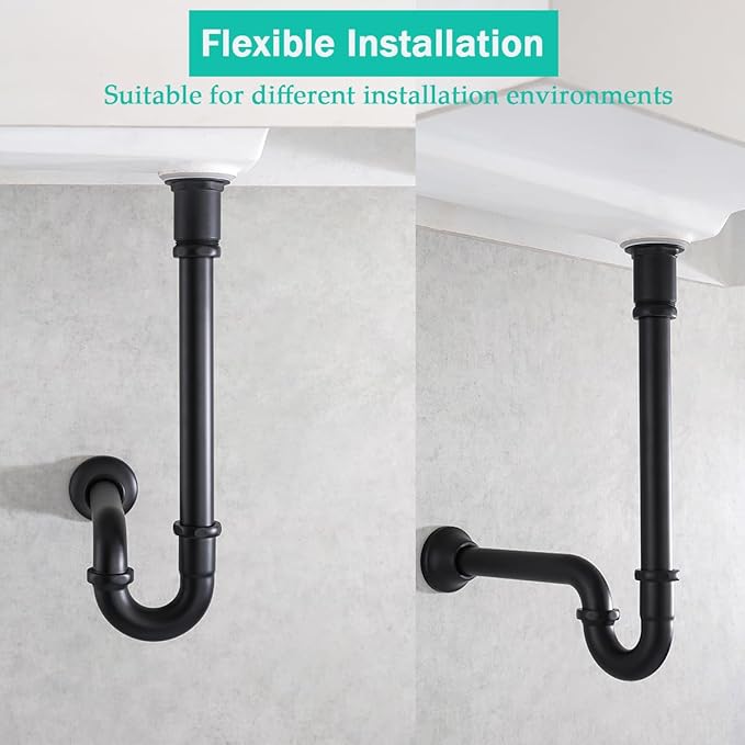 Brass P Trap with Pop Up Drain Stopper With Overflow,U-Shape 1 1/4 Slip Joint Extension Tub Sink Drain Pipe,12 inch Pipe length Adjustable Height Sink Waste Trap Drain Kit,Matte Black