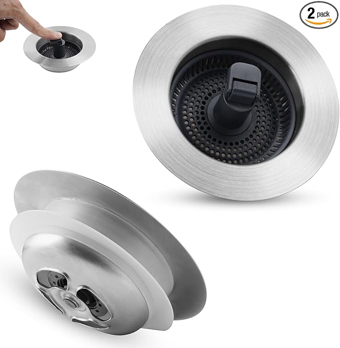 Universal 3 in 1 Kitchen Sink Drain Strainer Stopper Combo, 2PCS Stainless Steel Shell Pop Up Sink Stopper for US Standard 3-1/2 inch Drain Filter, Anti-Clog and Easy Clean