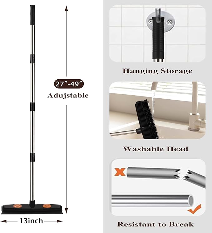 Pet Rubber Broom with 49inch Long Handle, Portable Detailing Lint Remover, Soft Push Broom for Fluff Carpet, Hardwood, Tile, Window (Black)
