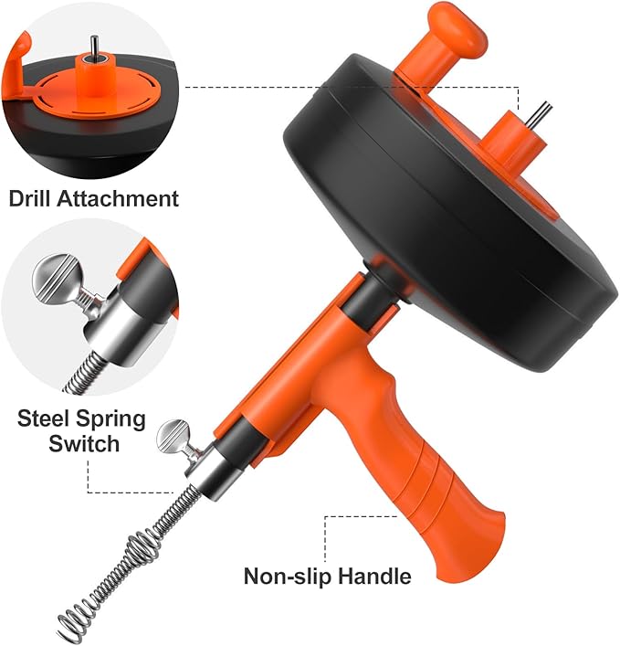 Drain Auger, Plumbing Snake With Drill Adapter, 35ft Heavy Duty Flexible Sink Steel Drum Auger and Drain unblocking Snake, Manual Or Powered With Work Gloves and Storage Bag-Not auto feed and back