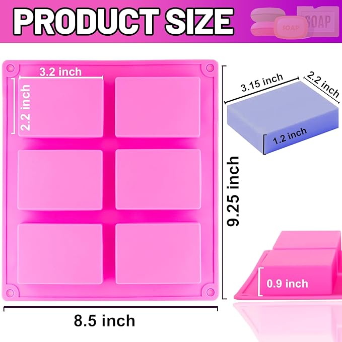 2 Pack Silicone Soap Molds, 6 Cavities Rectangle Silicone Soap Molds, Great for Homemade Craft Soap Mold, Chocolate Mold, Cake Mold ＆ Ice Cube Tray - Just Pop Out（Pink）