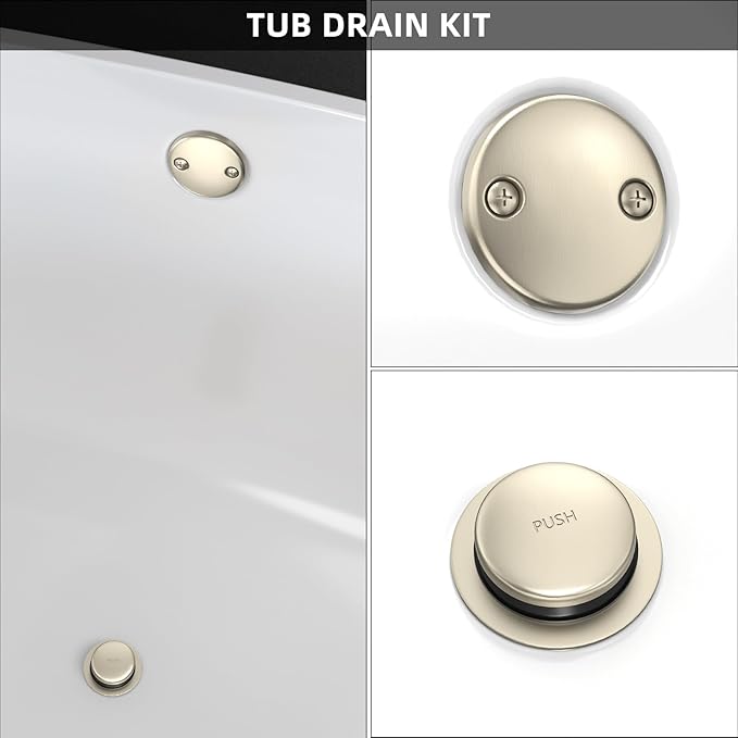 All Metal Tip-Toe Bathtub Drain Kit with Two-Hole Overflow Faceplate and Universal Fine/Coarse Thread Assembly, Bath Tub Drain Kit fits All Bathtub -Brushed Nickel