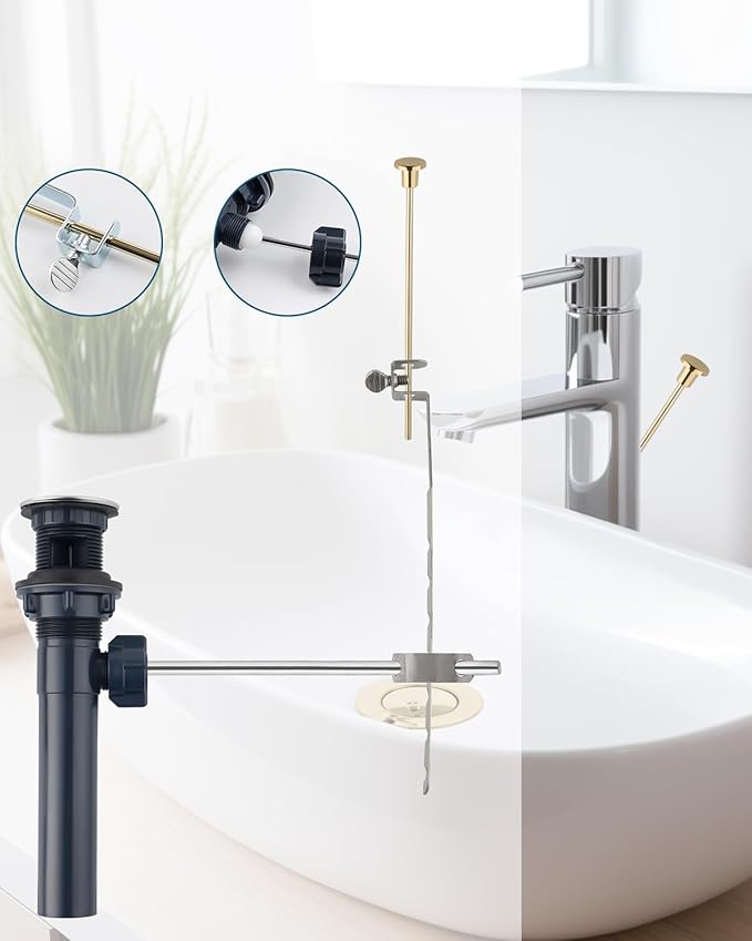 Bathroom Sink Drain with Lift Rod, Pop Up Sink Drain with Overflow, Universal Fit, Brushed Gold Drain Stopper for Vessel Sink, Assembly for Bathroom Faucet