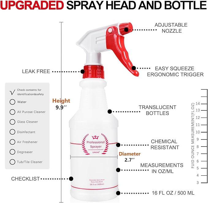 Uineko Plastic Spray Bottle (4 Pack, 16 Oz, All-Purpose) Heavy Duty Spraying Bottles Leak Proof Mist Empty Water Bottle for Cleaning Solution Planting Pet with Adjustable Nozzle and Measurements