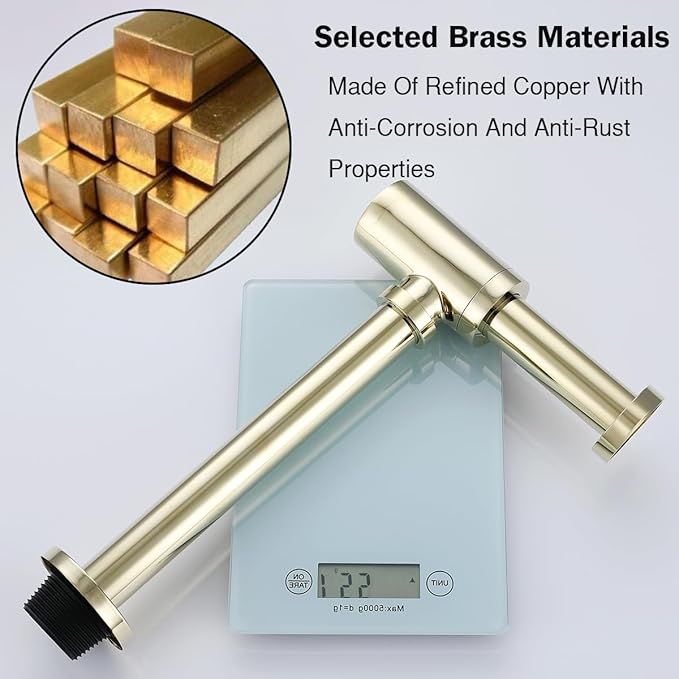 RANDOM Light Gold Polished Brass Contemporary Round Bottle P Trap 1 1/4,Basin Sink Waste Drain P Trap Kit.