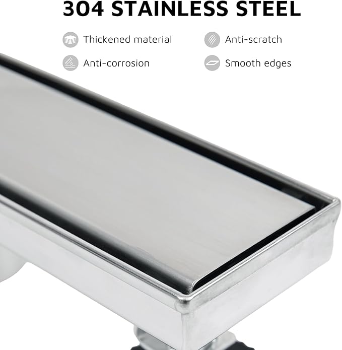 12 Inch Linear Shower Drain Brushed Nickel, Rectangular Reversible 2 in 1 Tile Insert Grate, 304 Stainless Steel Shower Floor Drain Kit, Hair Catcher, Leveling Feet