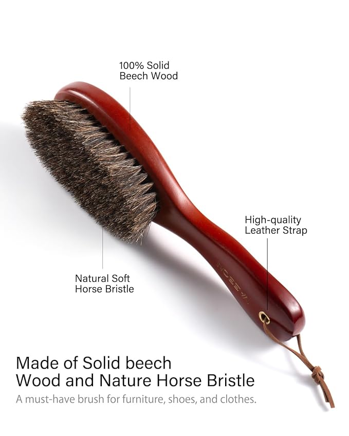 VASSON Clothes Brush, Pure Horse Bristle Garment Brush Removes Lint, Pet Hair, and debris from Jackets, Hats, Hoods, Couch - Solid Beech Wood Handle