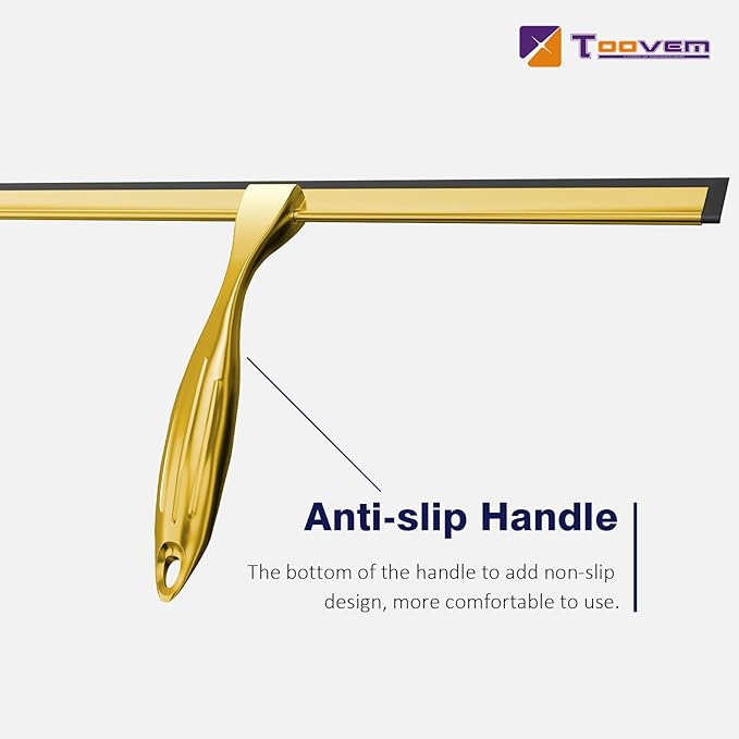 TOOVEM 14 Inch Shower Squeegee for Glass Doors, Window, Bathroom, Car Windshield, Shower Cleaning Tools with S Hook, Square Sticky Hook (Gold)
