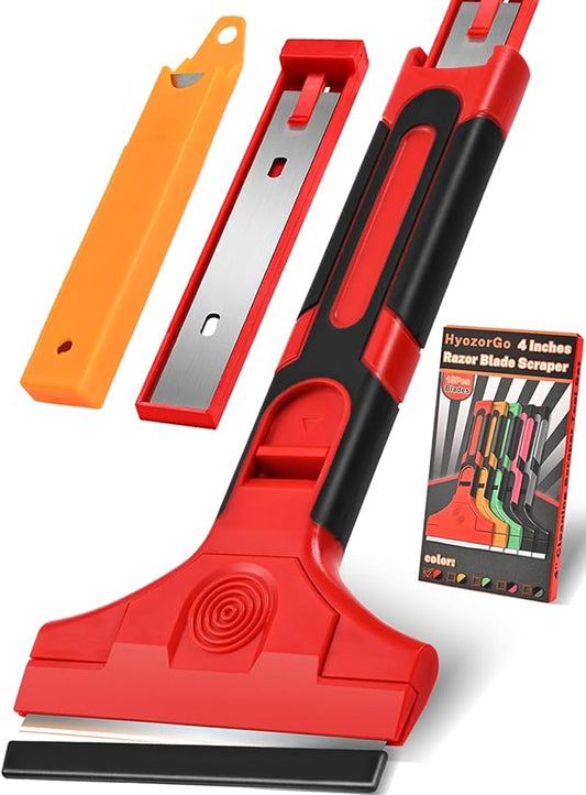 Razor Blade Scraper with Long Handle, 4 Inch Scraper with 15 Pcs Razor Blades, Scrapper for Cleaning Glass Windows, Tile Walls/Floors, Kitchen Stove Top/Oven/Cooktop, Paint/Sticker/Caulk Remover Tool
