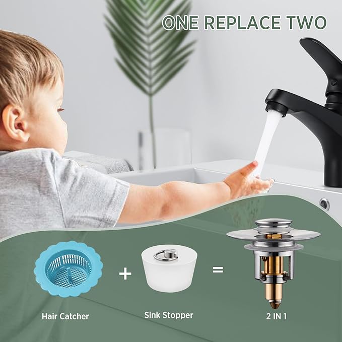 Universal Bathroom Sink Stopper - 2 Pack Brushed Nickel Pop Up Drain Stopper for 1.06"-1.65" Basin Drain Holes,Anti Clogging Bathroom Sink Drain Strainers with Hair CatcherBrushed Nickel